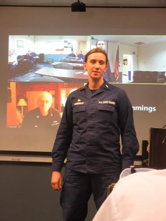LTJG Katya Armbrecht speaking at the October Flotilla meeting. US Coast Guard photo by Peter Border