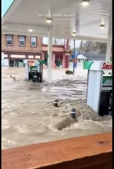 An example of open-source imagery: a social media video of flooding in Sumas, Wash., December 2025. After Dark News video still.