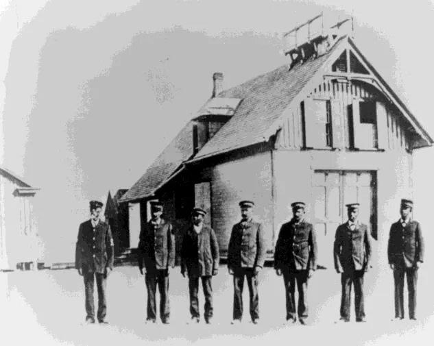 Pea Island, N.C. — Keeper Richard Etheridge (far left) and the crew of the Pea Island Life-Saving Station, 1896. In 1996 they were posthumously awarded the Gold Lifesaving Medal. U.S. Coast Guard photo.