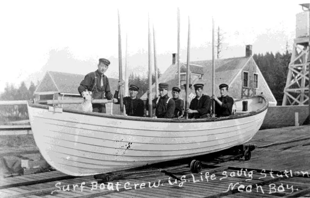 Neah Bay, Wash. — The surfboat crew of the U.S. Life-Saving Station at Neah Bay, 1910. U.S. Coast Guard photo.