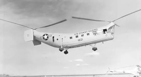 Elizabeth City, NC – The Piasecki HRP-1 “Flying Banana” was the world’s first tandem twin-rotor helicopter. US Coast Guard photo.