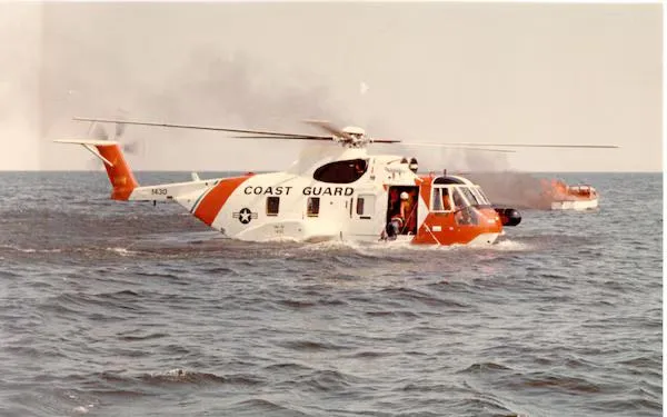 Cape Cod, MA – An HH-3F Pelican on patrol. With its 1994 retirement, the Coast Guard’s amphibious era ended. US Coast Guard photo.