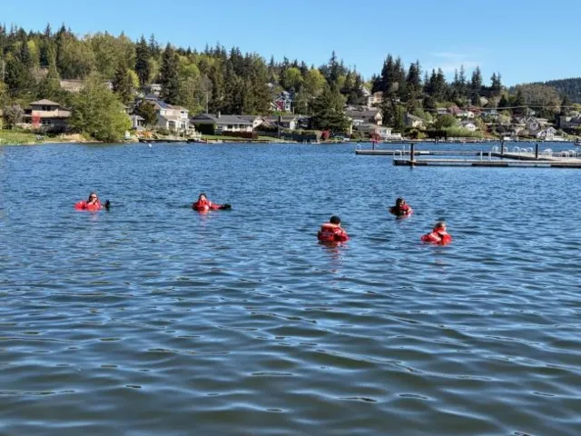 Bellingham, Wash. — Members afloat in dry suits during the PPE swim. U.S. Coast Guard Auxiliary photo.