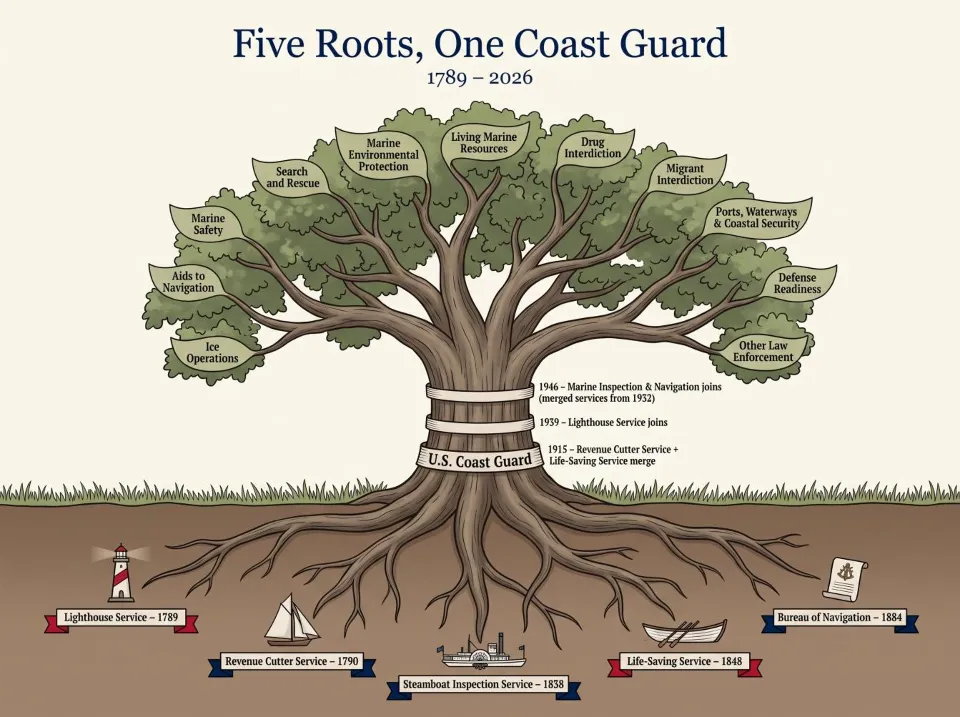 The U.S. Coast Guard grew from five predecessor agencies, merged between 1915 and 1946. Their missions live on in the eleven statutory missions of today’s Coast Guard. U.S. Coast Guard image.