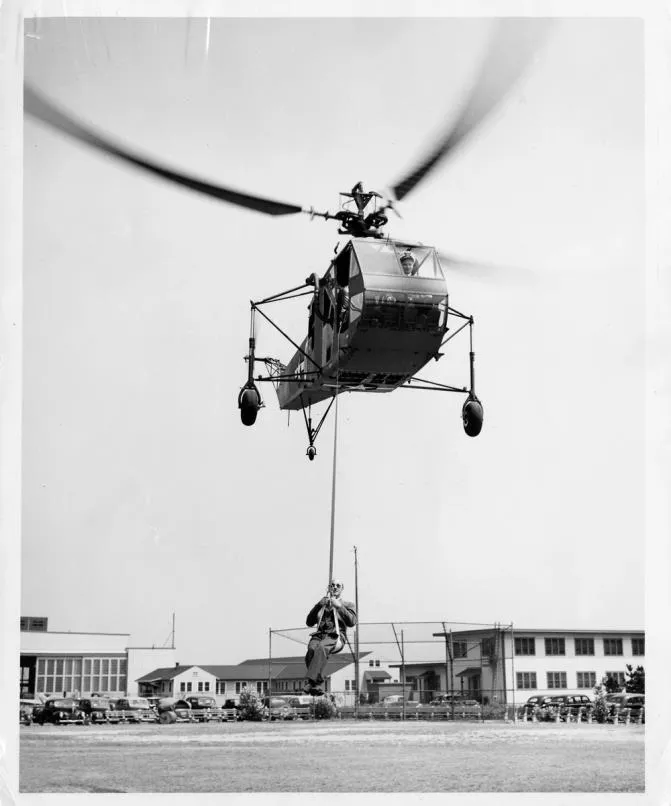 Brooklyn, NY – CDR Frank Erickson, Coast Guard helicopter aviator #1, with the Sikorsky HNS-1. US Coast Guard photo.